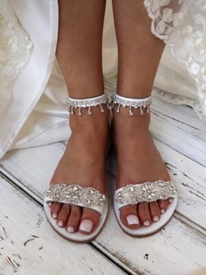 Elegant Bridal Rhinestone Ankle Strap Flat Sandals - Image 3