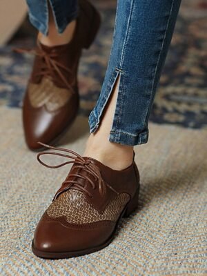 Elegant Casual Minimalism Brogue Wingtip Low Chunky Heel Oxfords - Image 1