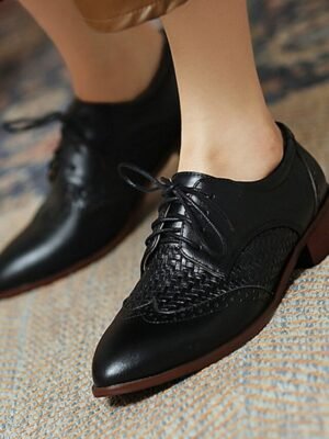 Elegant Casual Minimalism Brogue Wingtip Low Chunky Heel Oxfords - Image 3