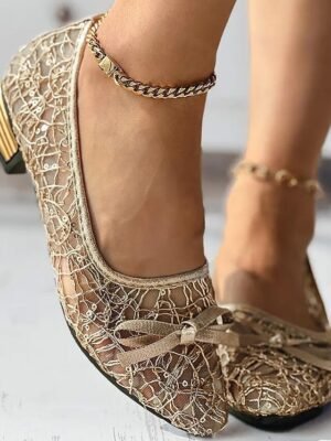 Elegant Casual Plus Size Sparkly Pointed Toe Bowknot Chunky Heel Loafer - Image 3