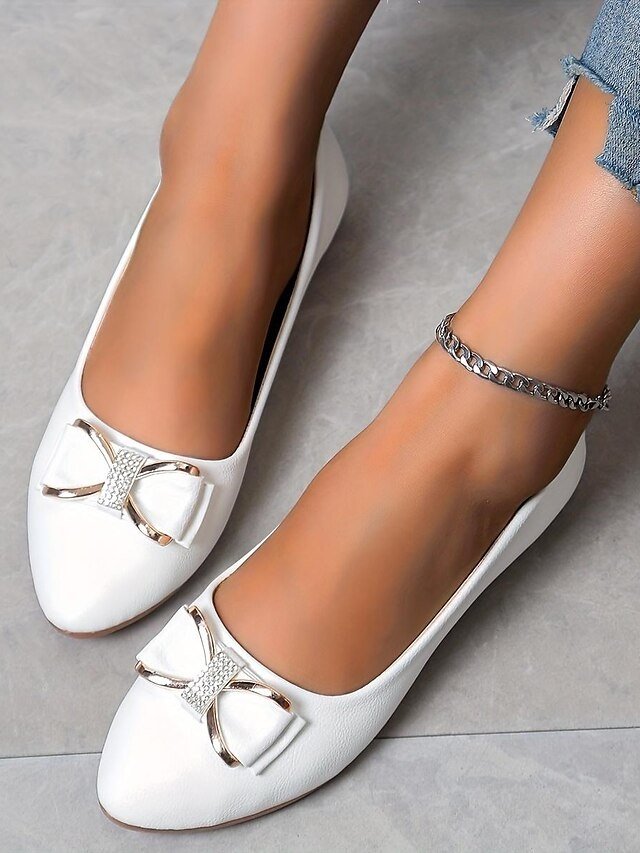 Elegant Casual Pointed-Toe White Flats with Bow and Metal Accent - Image 1