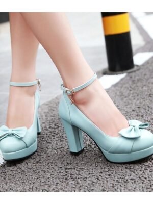 Elegant Chunky Bow Detail Platform Ankle Strap Heels - Image 3
