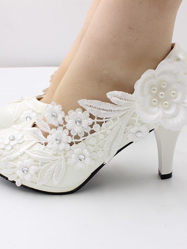 Elegant Chunky Heel Lace Floral Wedding Heels - Image 1