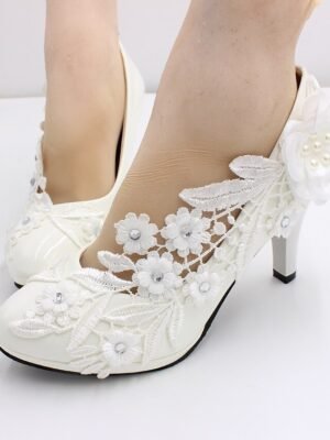 Elegant Chunky Heel Lace Floral Wedding Heels - Image 2