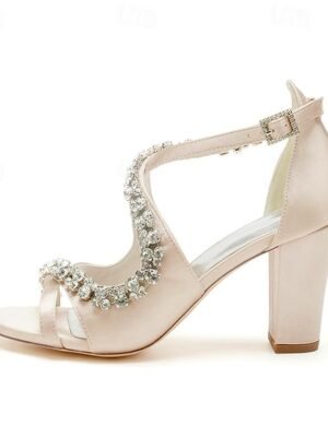 Elegant Chunky Heel Rhinestone Open-Toe Ivory Satin Sandals - Image 3