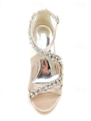 Elegant Chunky Heel Rhinestone Open-Toe Ivory Satin Sandals - Image 4