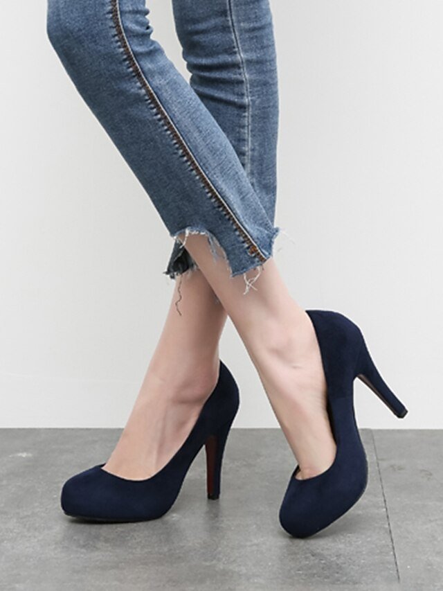 Elegant Classic Navy Blue Suede Round Toe Stiletto Heel Pumps - Image 2