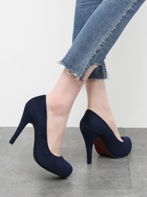 Elegant Classic Navy Blue Suede Round Toe Stiletto Heel Pumps - Image 4