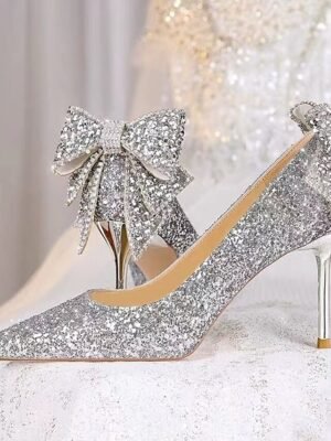 Elegant Classic Silver Glitter Closed Toe Stiletto Pumps - Image 1