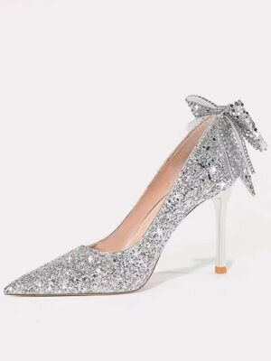 Elegant Classic Silver Glitter Closed Toe Stiletto Pumps - Image 2