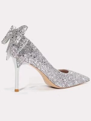 Elegant Classic Silver Glitter Closed Toe Stiletto Pumps - Image 4