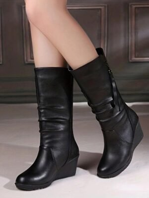 Elegant Classic Solid Slouchy Round Toe Mid Calf Boots - Image 5