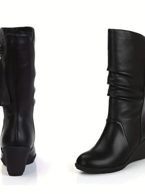 Elegant Classic Solid Slouchy Round Toe Mid Calf Boots - Image 6