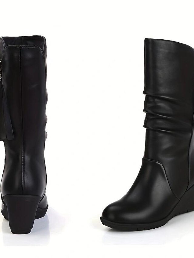 Elegant Classic Solid Slouchy Round Toe Mid Calf Boots - Image 6