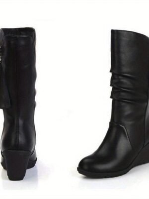 Elegant Classic Solid Slouchy Round Toe Mid Calf Boots - Image 7
