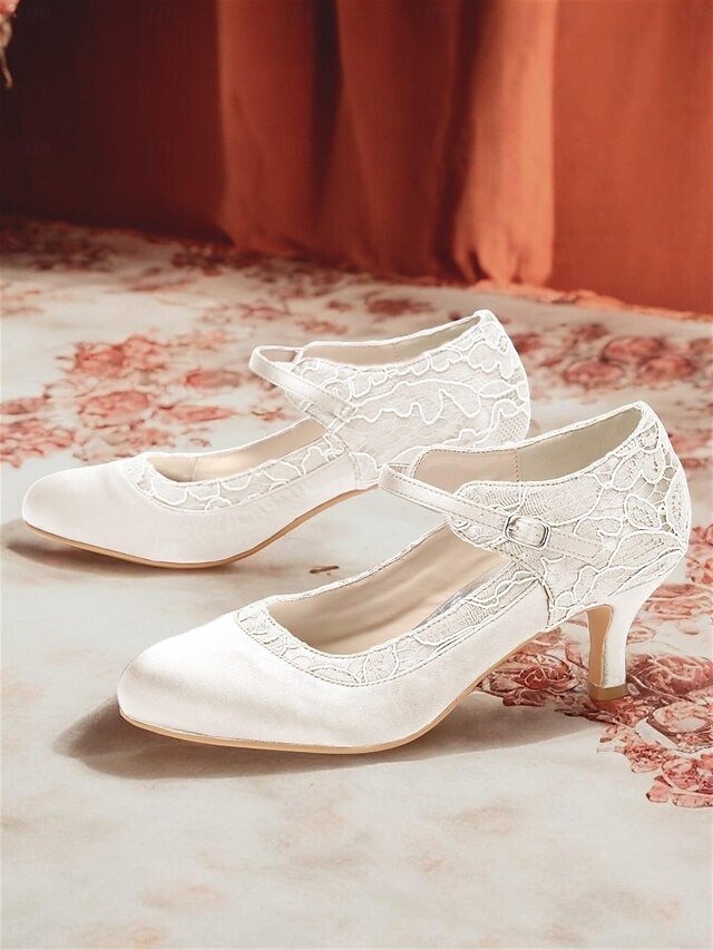 Elegant Comfortable Lace Satin Red Mid-Heel Mary Jane Shoes - Image 2