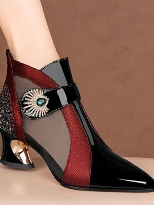 Elegant Fashion Mesh Panel Embellished Heel Ankle Boots - Image 1