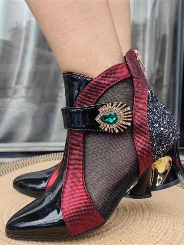 Elegant Fashion Mesh Panel Embellished Heel Ankle Boots - Image 2