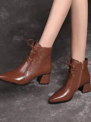Elegant Faux Leather Pointed Toe Lace-Up Ankle Boots - Image 3