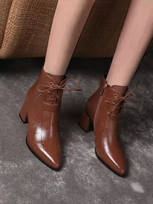 Elegant Faux Leather Pointed Toe Lace-Up Ankle Boots - Image 4