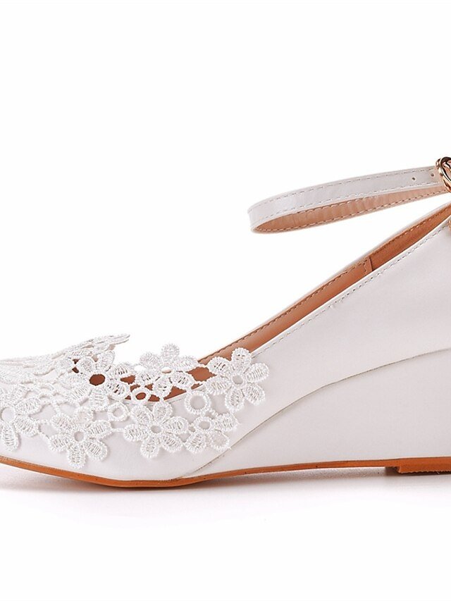 Elegant Floral Embroidery Lace Ankle Strap Wedge Wedding Shoes - Image 2
