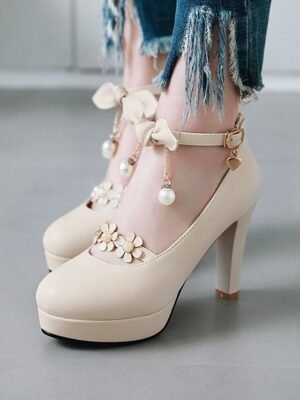 Elegant Floral Platform Round Toe Mary Jane Heels - Image 9