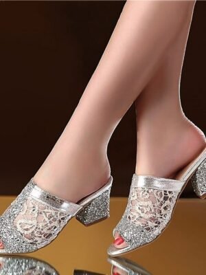 Elegant Glitter Chunky Heel Open Toe Mules - Image 4