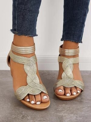 Elegant Glitter Low Wedge Open Toe Strappy Sandals - Image 2