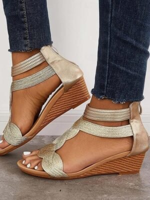 Elegant Glitter Low Wedge Open Toe Strappy Sandals - Image 4