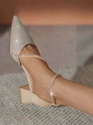 Elegant Glitter Mesh Pointed Toe Block Heel Ankle Strap Shoes - Image 4