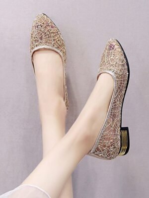 Elegant Gold Lace Sequin Embellished Flats - Image 3