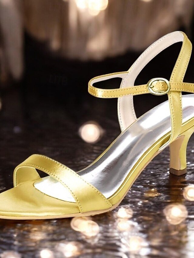 Elegant Gold Satin Open Toe Adjustable Ankle Strap Wedding Heels - Image 1