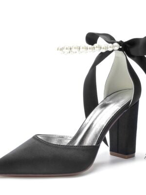 Elegant Green Satin Pointed Toe Ankle Strap Block Heel Heels - Image 10