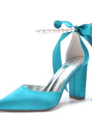Elegant Green Satin Pointed Toe Ankle Strap Block Heel Heels - Image 15