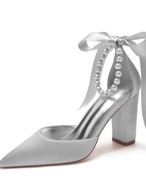 Elegant Green Satin Pointed Toe Ankle Strap Block Heel Heels - Image 17