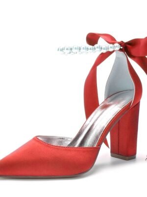Elegant Green Satin Pointed Toe Ankle Strap Block Heel Heels - Image 18