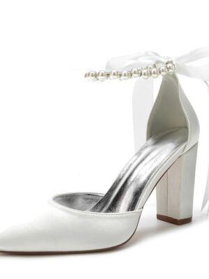 Elegant Green Satin Pointed Toe Ankle Strap Block Heel Heels - Image 2