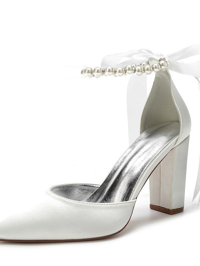 Elegant Green Satin Pointed Toe Ankle Strap Block Heel Heels - Image 2