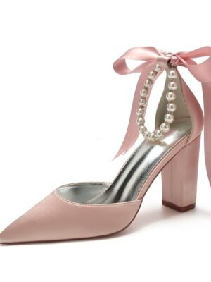 Elegant Green Satin Pointed Toe Ankle Strap Block Heel Heels - Image 24
