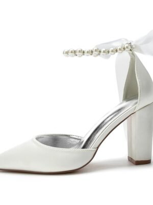 Elegant Green Satin Pointed Toe Ankle Strap Block Heel Heels - Image 6