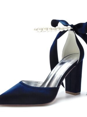 Elegant Green Satin Pointed Toe Ankle Strap Block Heel Heels - Image 9
