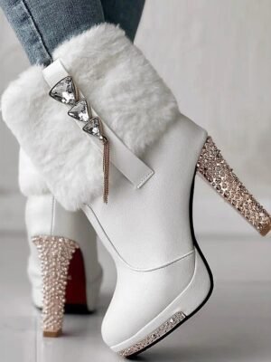 Elegant High Heel Rhinestone Faux Fur Ankle Boots - Image 1
