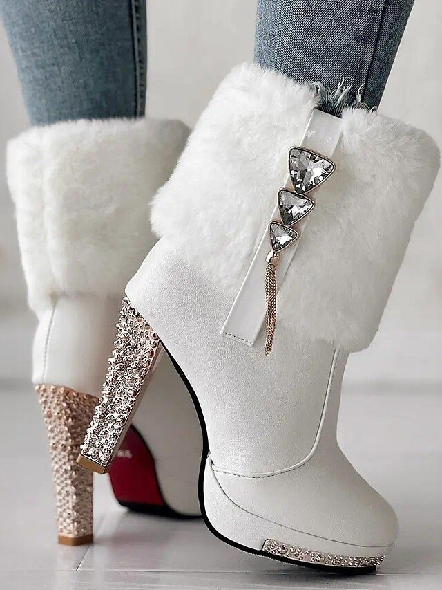 Elegant High Heel Rhinestone Faux Fur Ankle Boots - Image 2