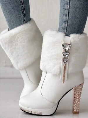 Elegant High Heel Rhinestone Faux Fur Ankle Boots - Image 3