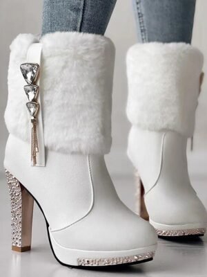 Elegant High Heel Rhinestone Faux Fur Ankle Boots - Image 4