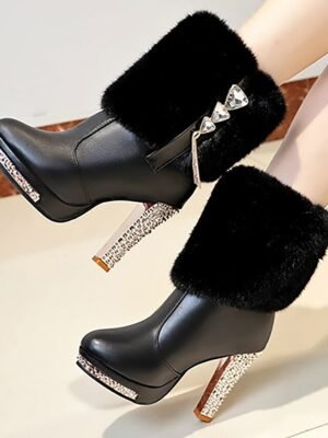 Elegant High Heel Rhinestone Faux Fur Ankle Boots - Image 6