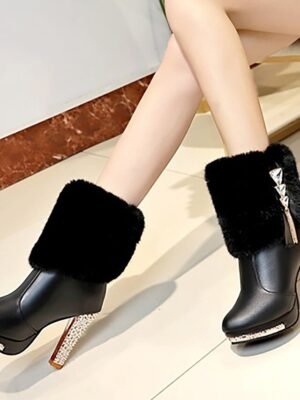 Elegant High Heel Rhinestone Faux Fur Ankle Boots - Image 7