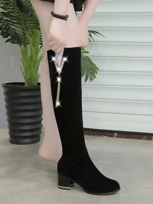 Elegant Knee-High Black Faux Suede Rhinestone Tassel Chunky Heel Boots - Image 3