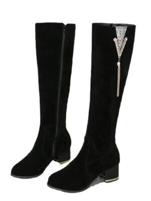 Elegant Knee-High Black Faux Suede Rhinestone Tassel Chunky Heel Boots - Image 4