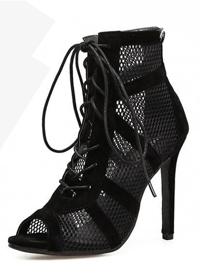 Elegant Lace-Up Mesh Peep Toe Stiletto Ankle Boots - Image 1